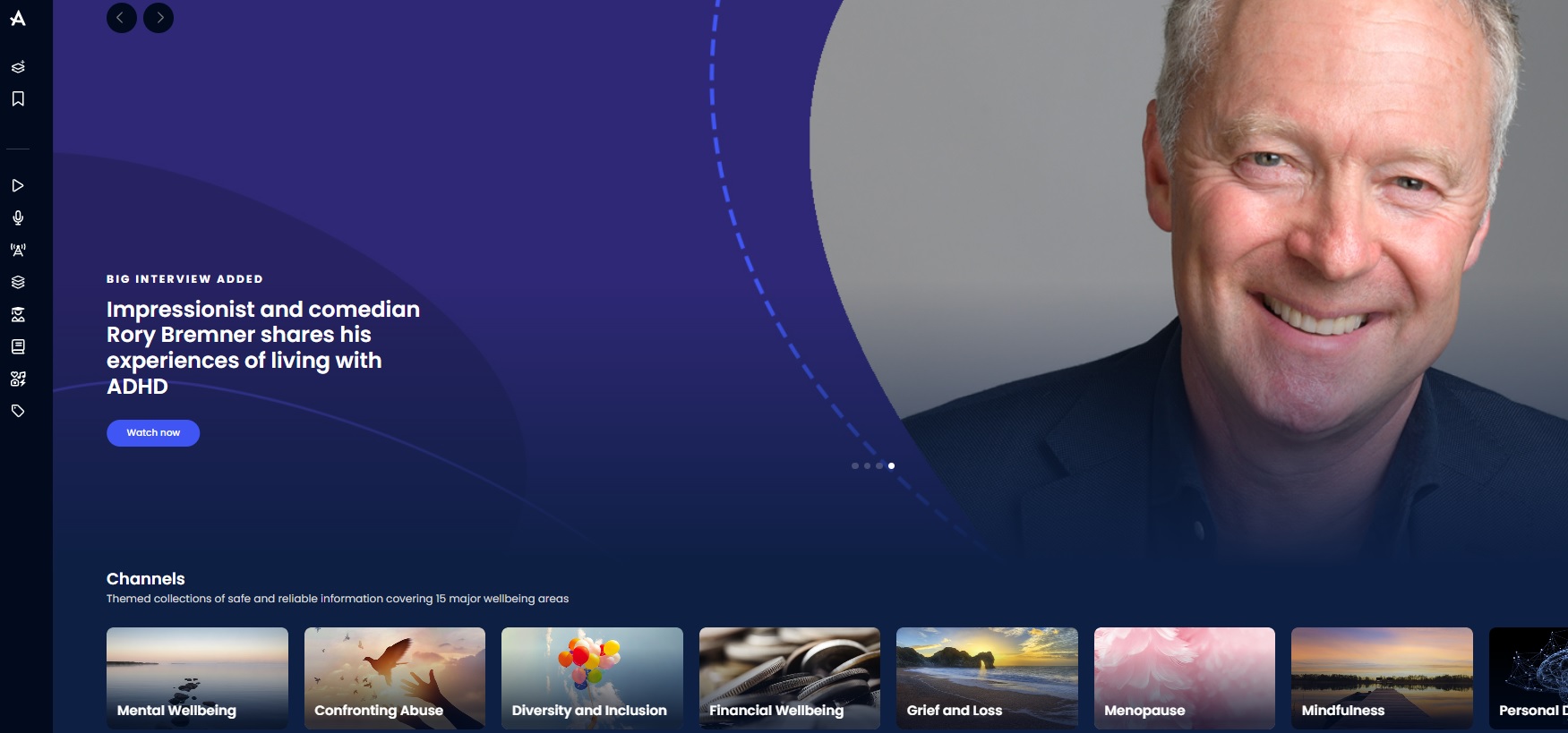Screenshot of Raiys Digital wellbeing platform home screen featuring comedian Rory Bremner who discusses his ADHD journey